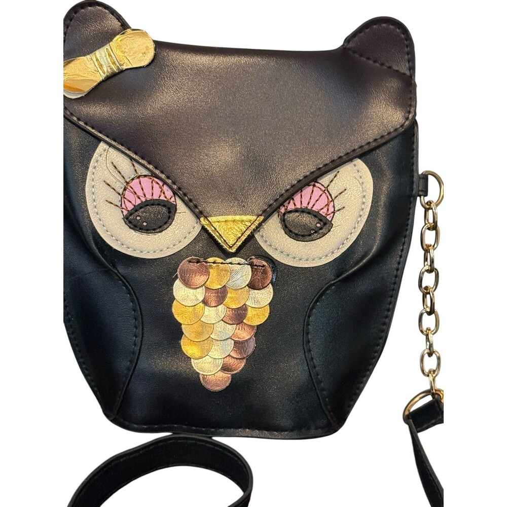 Cute Owl Purse Handbag Crossbody Black Embellished Adjustable Strap 8"x7" - Picture 2 of 10